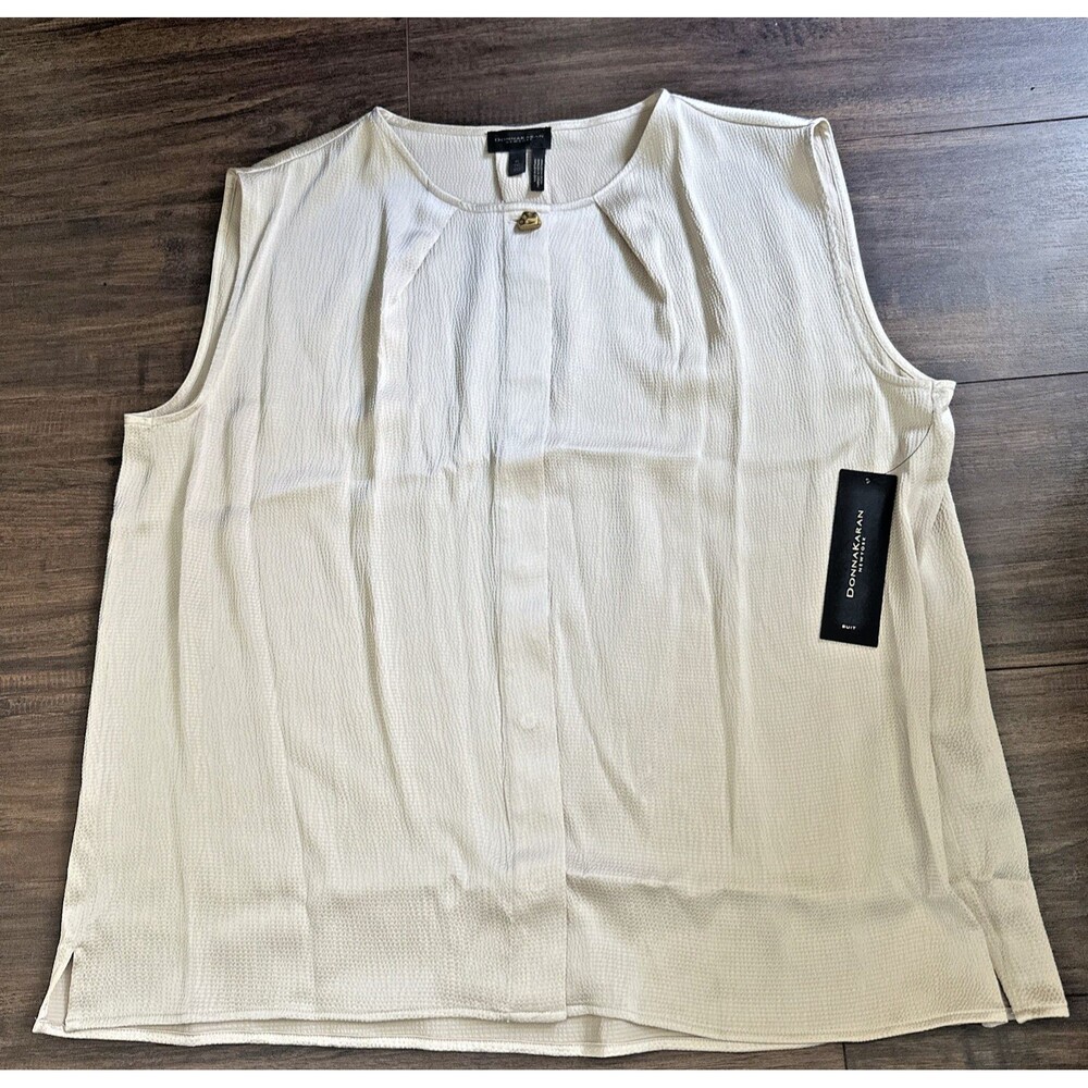 Donna Karan New York Women's Sleeveless Textured Satin Blouse Champagne Cream XL